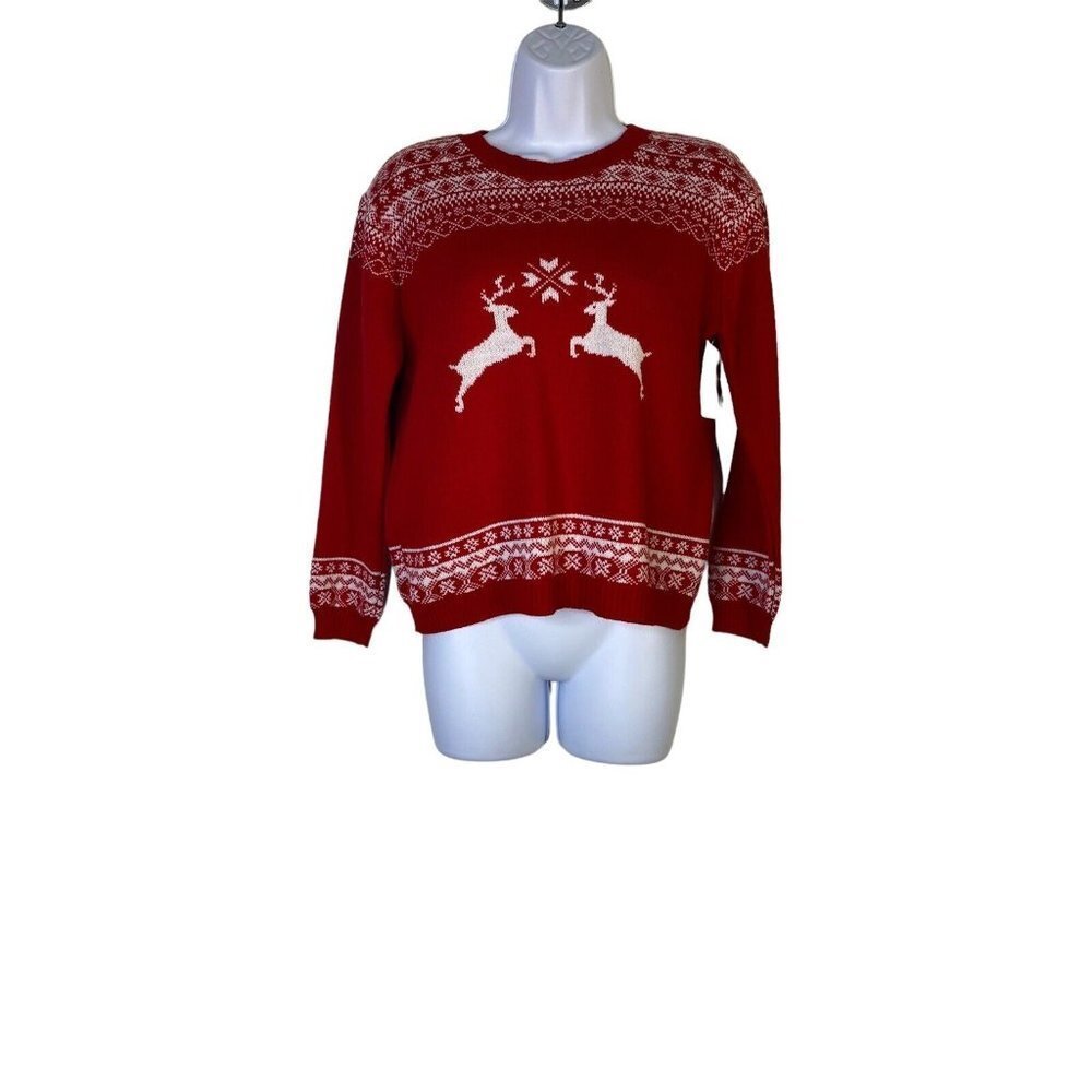 Cotton Emporium Girls Fair Isle Reindeer Crew Neck‎ Sweater Red SZ M